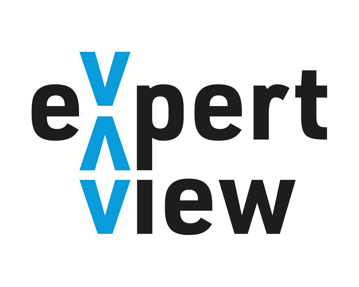 Logo reading “expert view” with stylized blue “X” and “V” and black lettering on a light background.