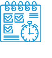 Blue line icon of a calendar with checkmarks and a stopwatch symbol.