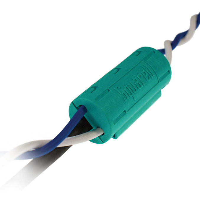 Squarell CANcliQ contactless CAN bus reader clipped around vehicle wires for non-intrusive data reading.