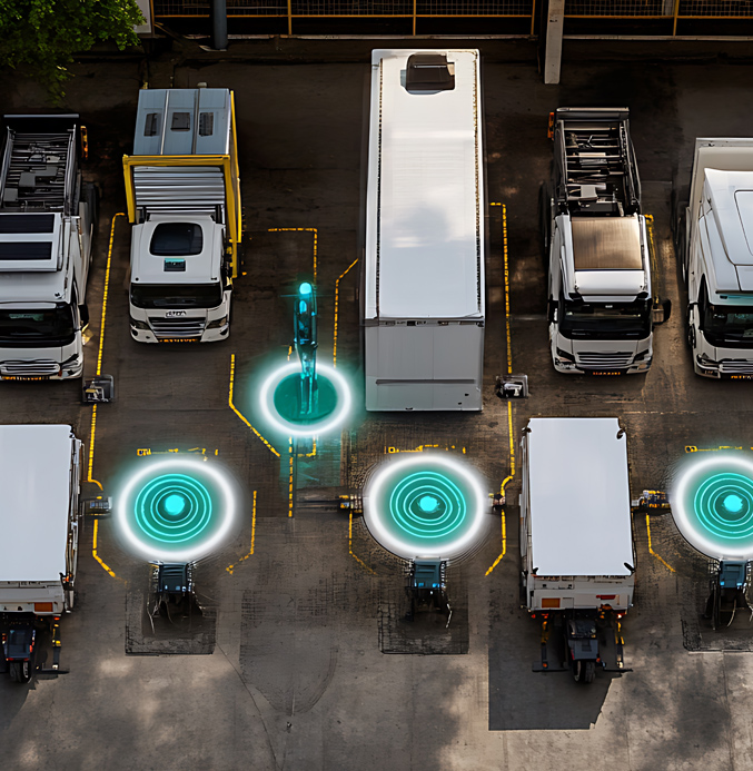 Top-down view of trucks in a depot with digital markers indicating connected fleet monitoring and telematics.