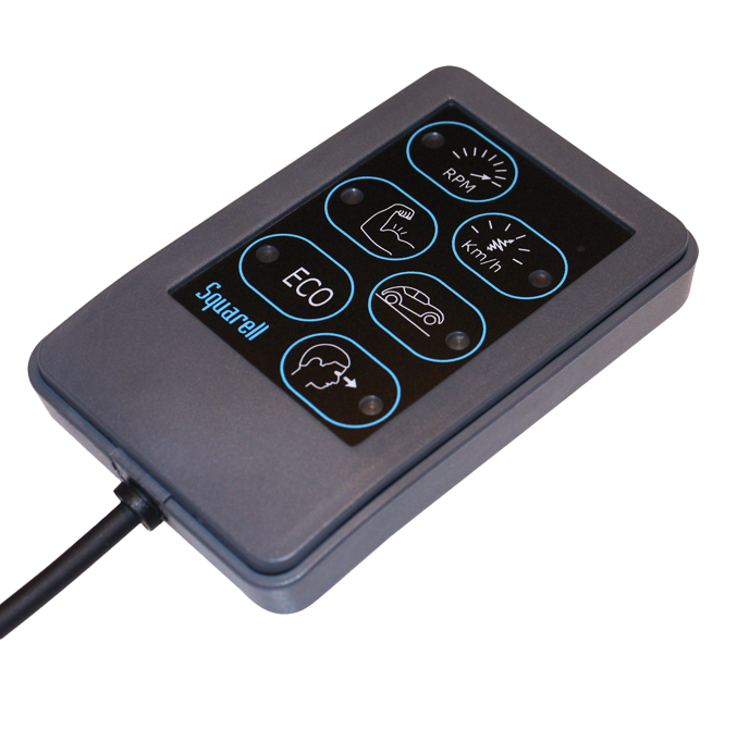 Squarell Driver Awareness Panel with illuminated icons showing driving performance indicators such as RPM, speed, and eco driving.
