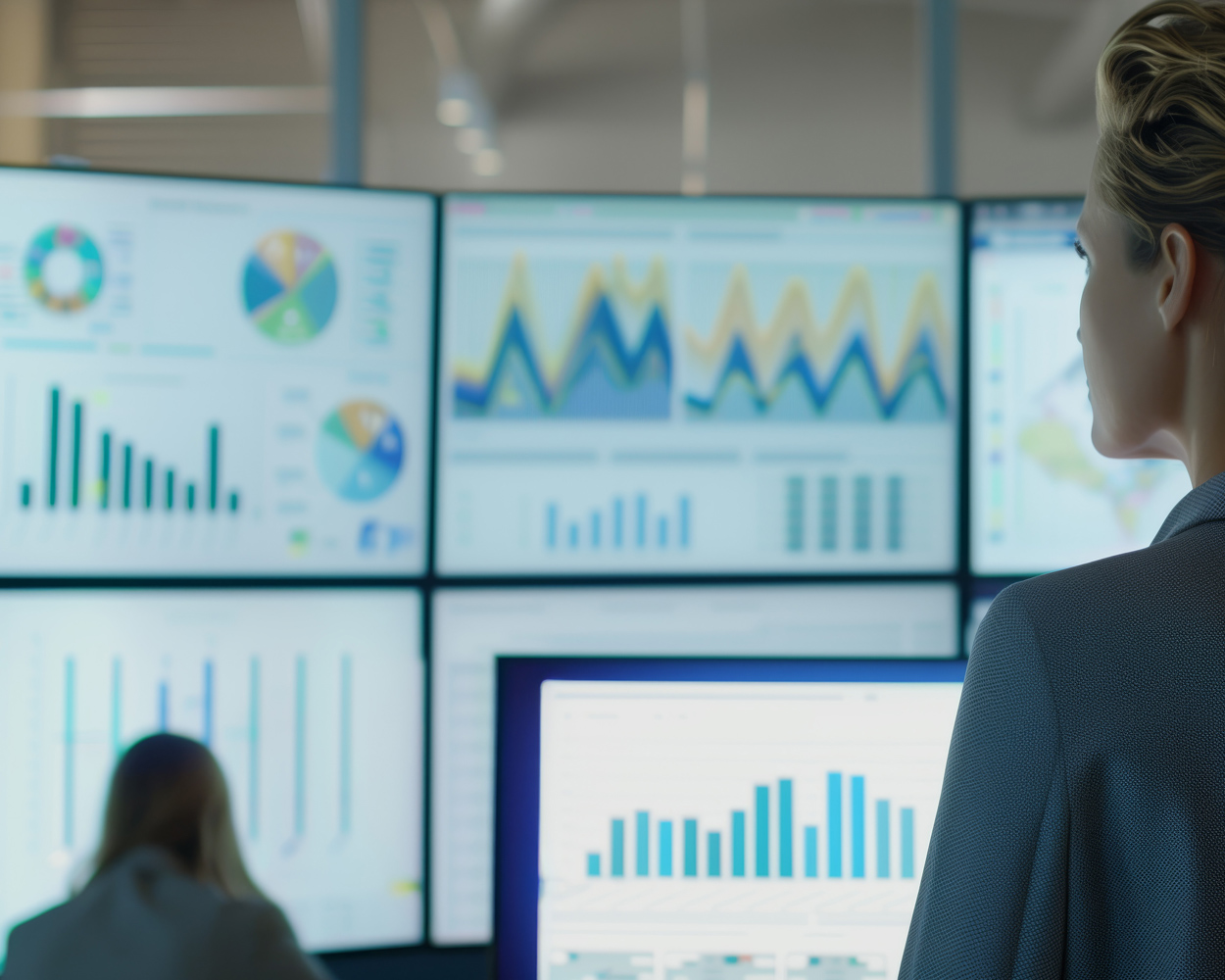 Person analyzing multiple large screens displaying charts, graphs, and data dashboards in a control room.