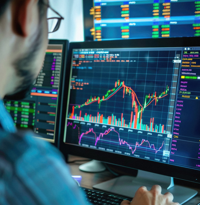 Person analyzing financial or performance charts on multiple computer screens with graphs and indicators.
