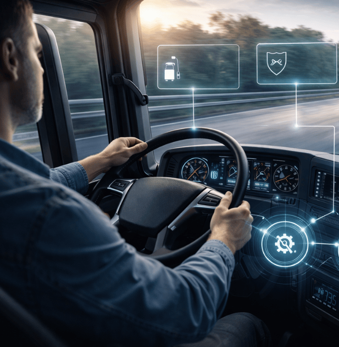 Truck driver behind the wheel with digital overlays representing vehicle data, fuel monitoring, safety, and performance analytics.