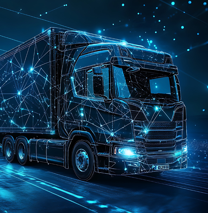 Futuristic truck with glowing network connections and digital lines representing connected transport technology.