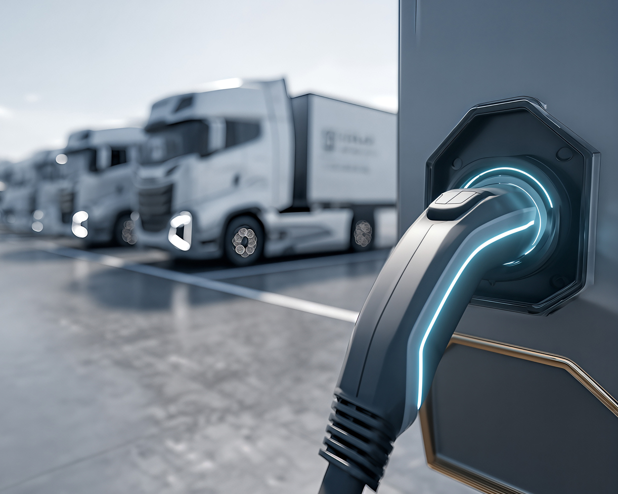 Electric Truck Charging Infrastructure Electric truck charging at a station with a plugged-in cable and a truck in the background.