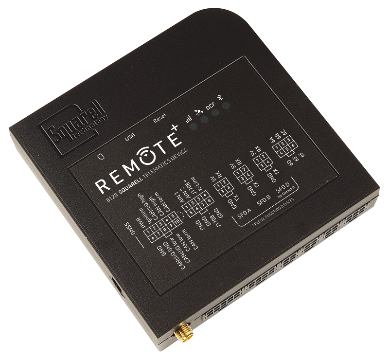 REMOTE+ Telematics Device Black REMOTE+ telematics device by Squarell Technology with labeled ports, status indicators, and connection diagram on top.