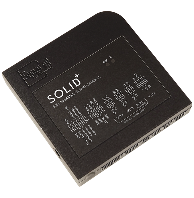 Squarell SOLID+ in-vehicle monitoring system device showing labeled interface ports and compact housing design.
