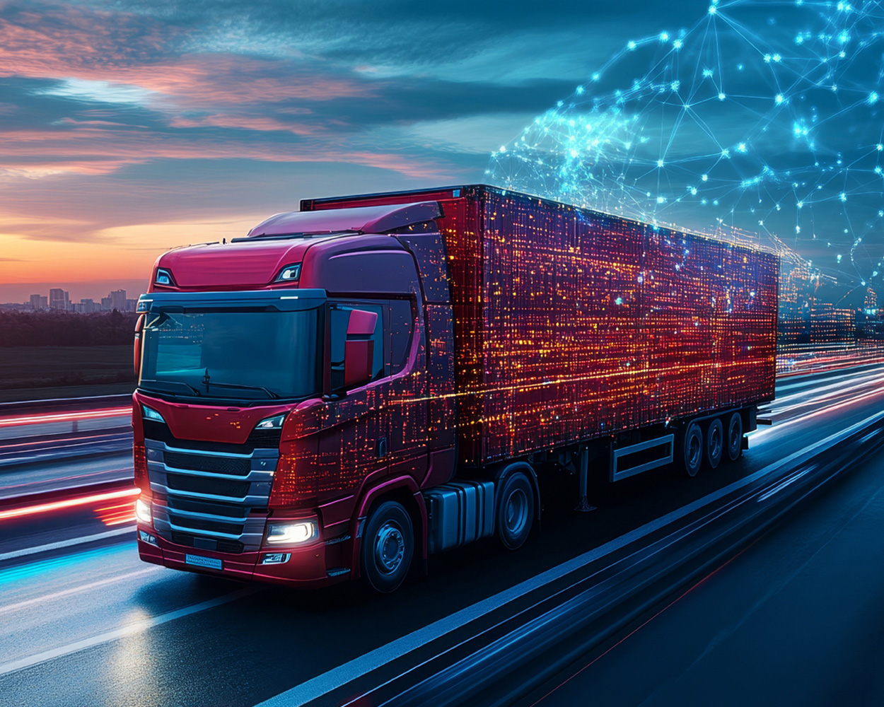 Smart Logistics and Connected Trucking Red truck driving on a highway with digital data visualization and network connections overlay.