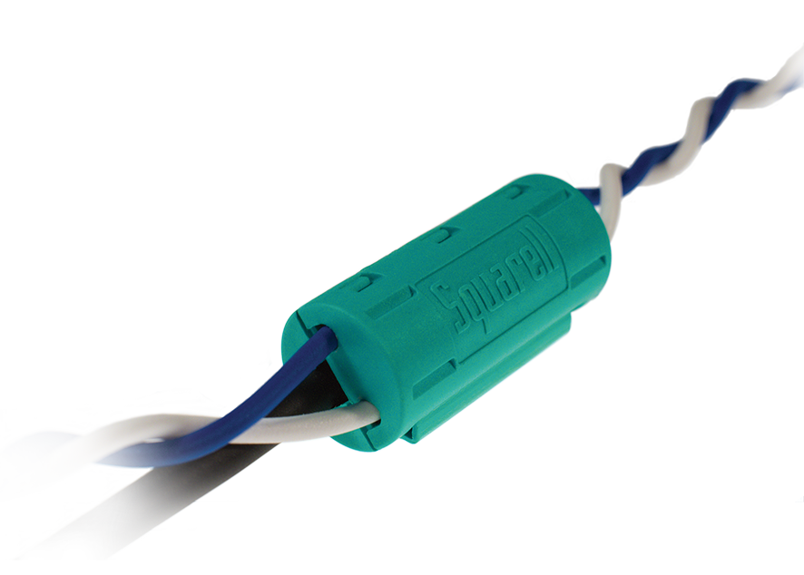 Close-up of a green Squarell CANcliQ attached to twisted blue and white wires.