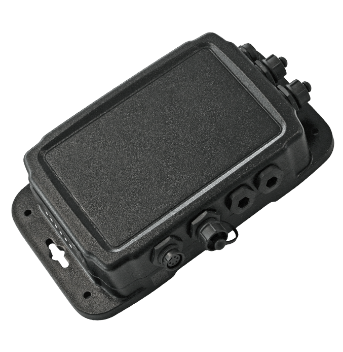 Squarell Trailer Box telematics device with rugged housing and multiple connector ports for trailer data collection.