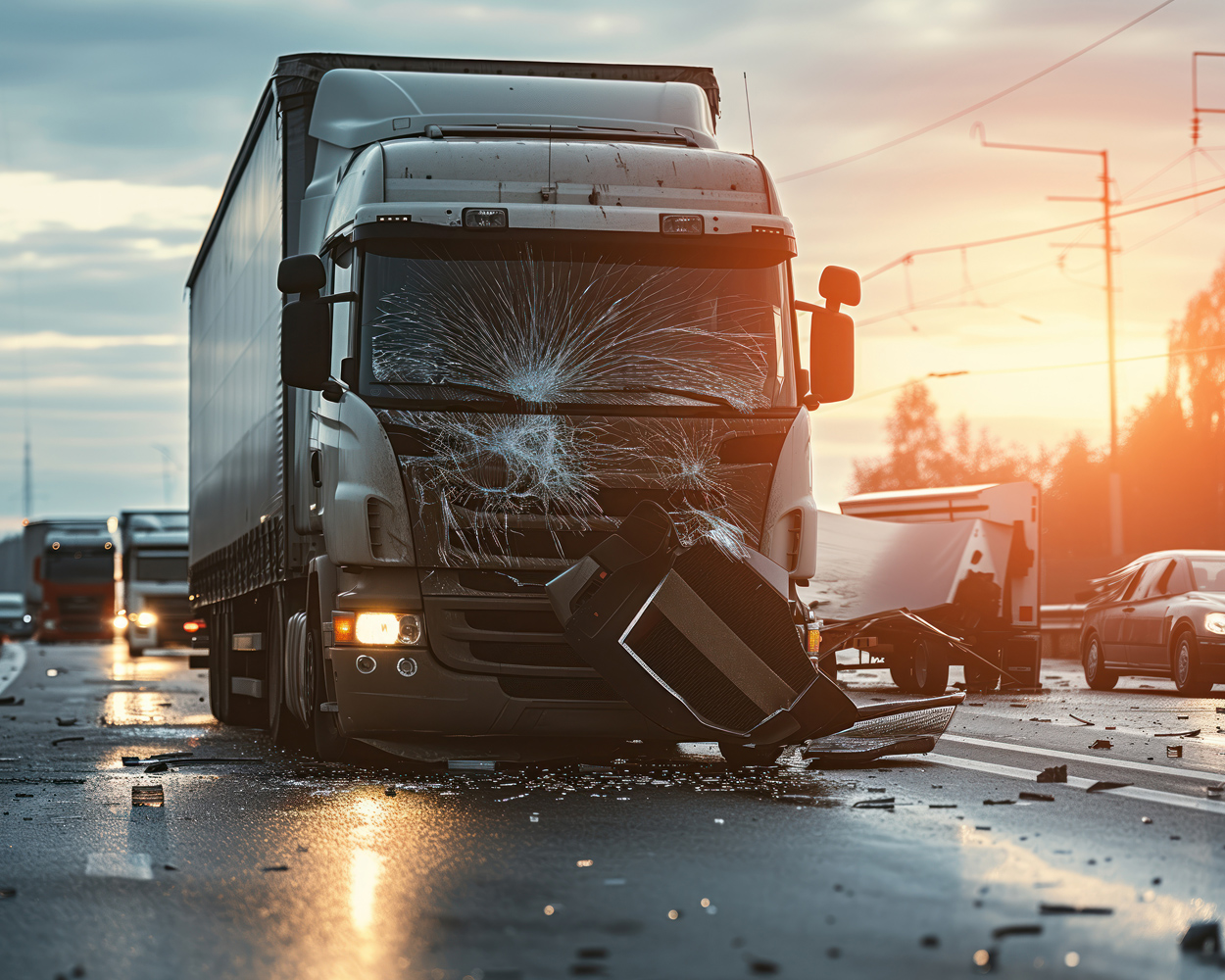 Damaged semi-truck with shattered windshield and debris after a road accident on a wet highway.