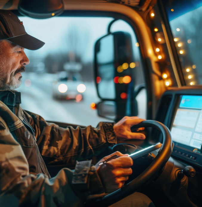 Truck driver driving at dusk inside a cab with dashboard screen and road traffic visible ahead.