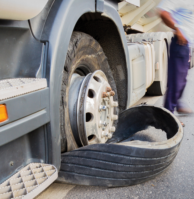 Truck with a blown tire on the roadside, with a damaged tire lying on the ground and a person nearby.