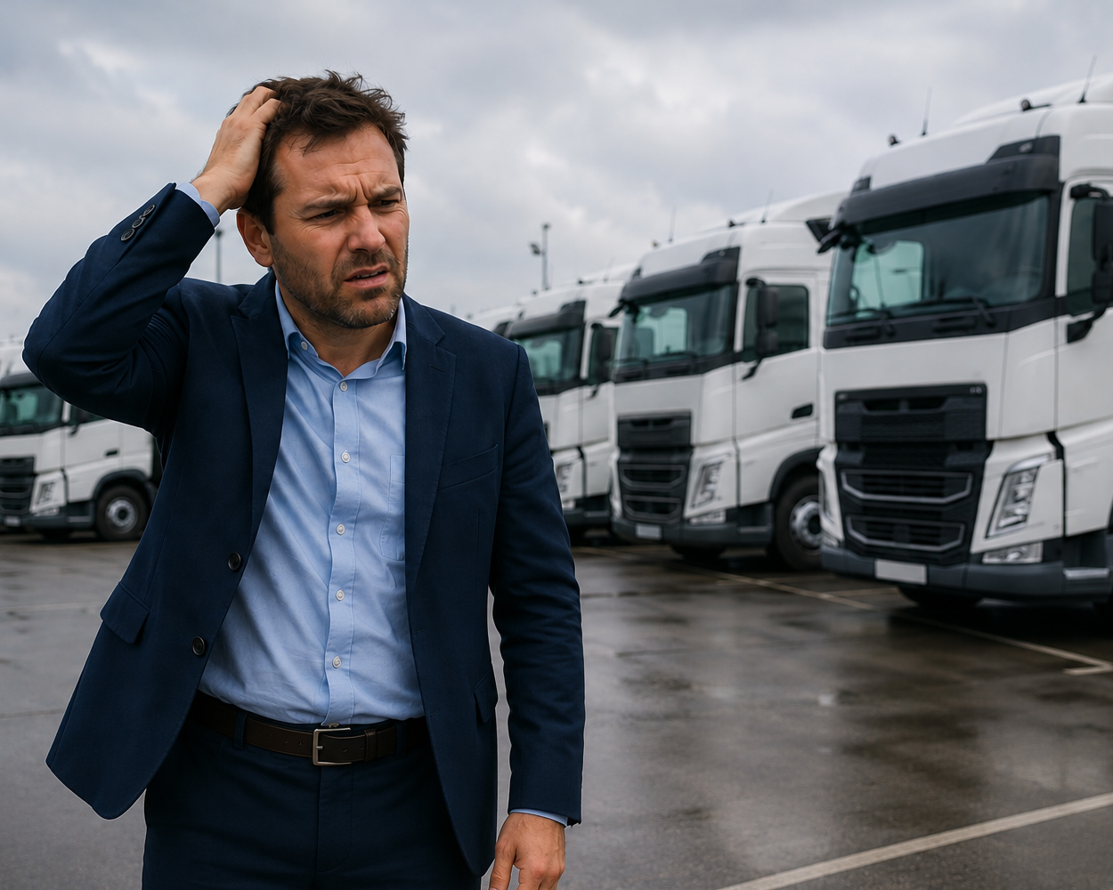 Worried businessman scratching his head while standing in front of a row of parked white semi-trucks under a cloudy sky.