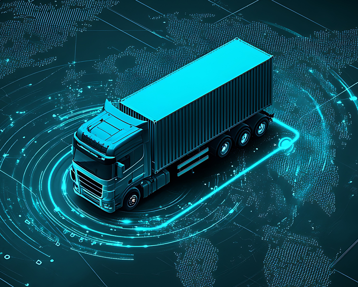 Digital illustration of a connected freight truck on a global network map representing smart logistics and supply chain technology.