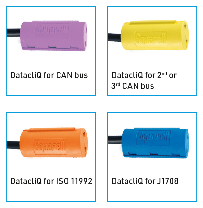 Four color-coded Squarell DatacliQ contactless vehicle data readers for CAN bus, ISO 11992, and J1708 communication protocols.