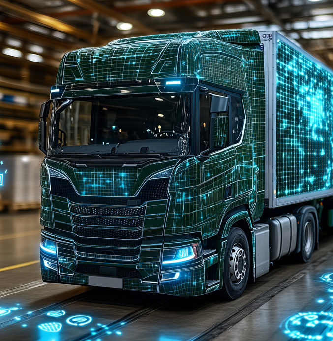 Connected Truck with Advanced Telematics and Data Insights Modern commercial truck with glowing blue digital grid overlays representing connected vehicle technology, telematics, and real-time data analytics.