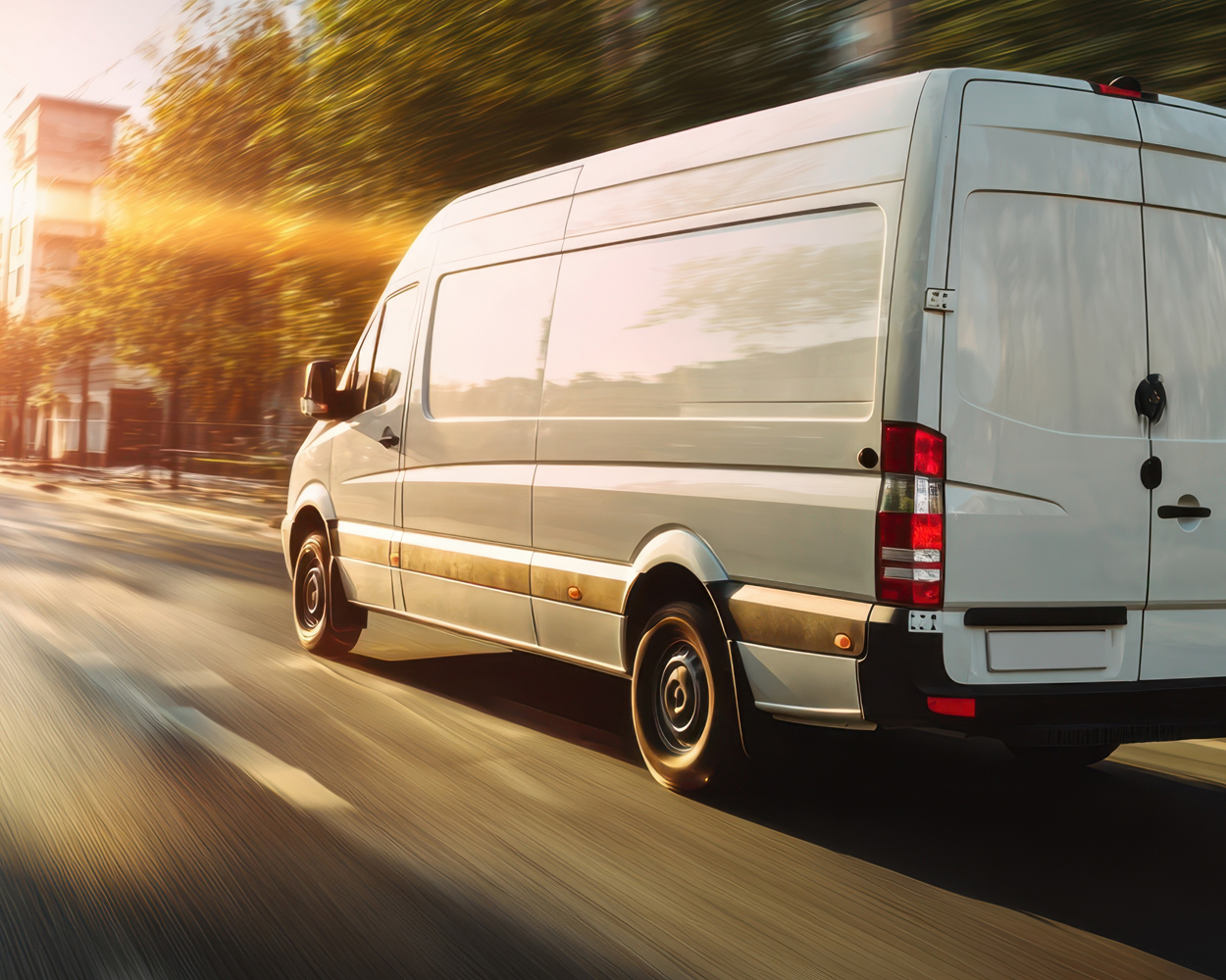White delivery van driving through a city street at sunset, with motion blur and warm sunlight highlighting speed, efficiency, and modern logistics operations.