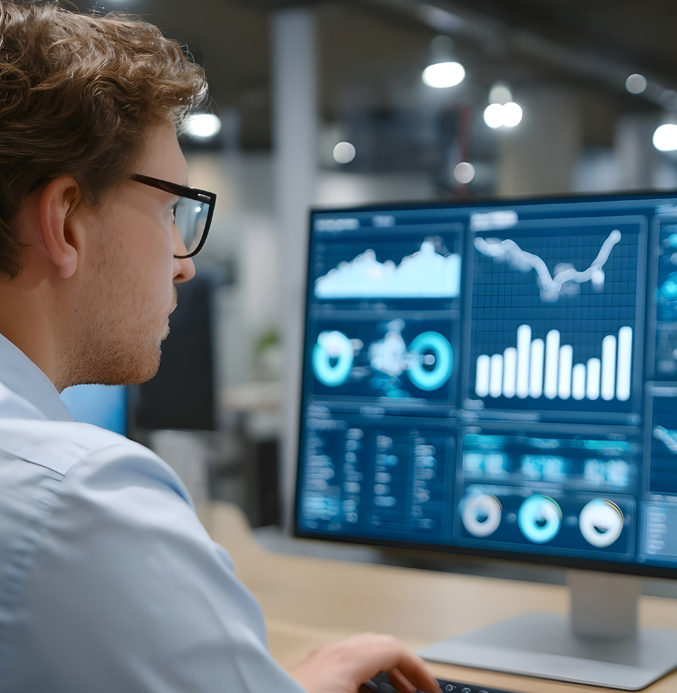 Fleet Analytics and Telematics Data Dashboard A data analyst reviewing fleet performance dashboards and telematics data on a computer monitor in a modern operations center.