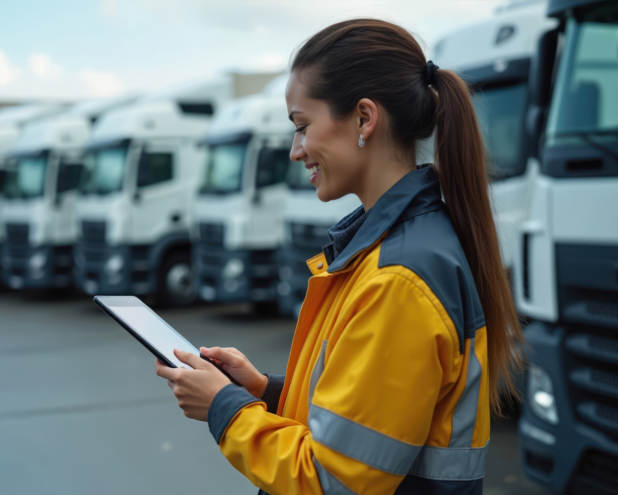 Fleet Management with Real-Time Vehicle Monitoring A fleet manager using a tablet in front of a row of parked trucks, monitoring vehicle operations and fleet performance.