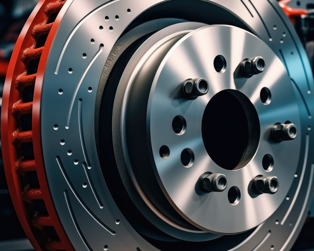 Close-up of a high-performance ventilated and drilled brake disc with red brake caliper components in an automotive workshop setting.