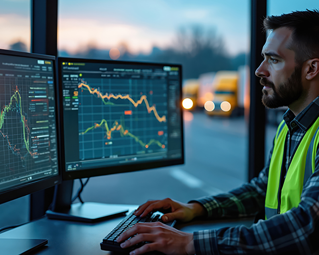 A logistics operations manager wearing a high-visibility safety vest monitors performance dashboards on multiple computer screens in a transport control center, analyzing operational data and trends at dusk.