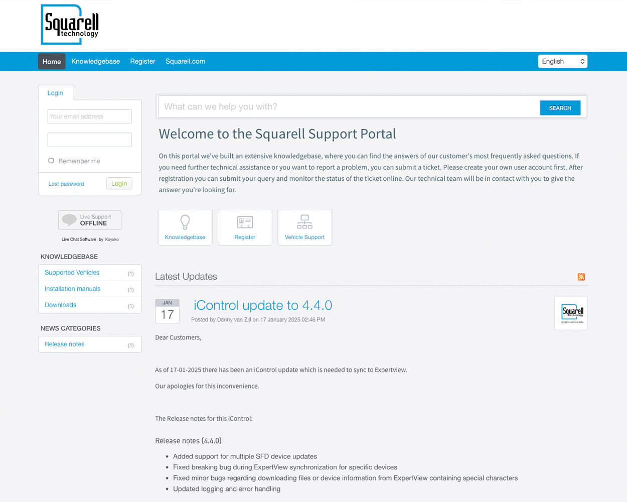 Screenshot of the Squarell Support Portal homepage featuring a knowledge base search bar, login panel, support resources, and latest software updates.