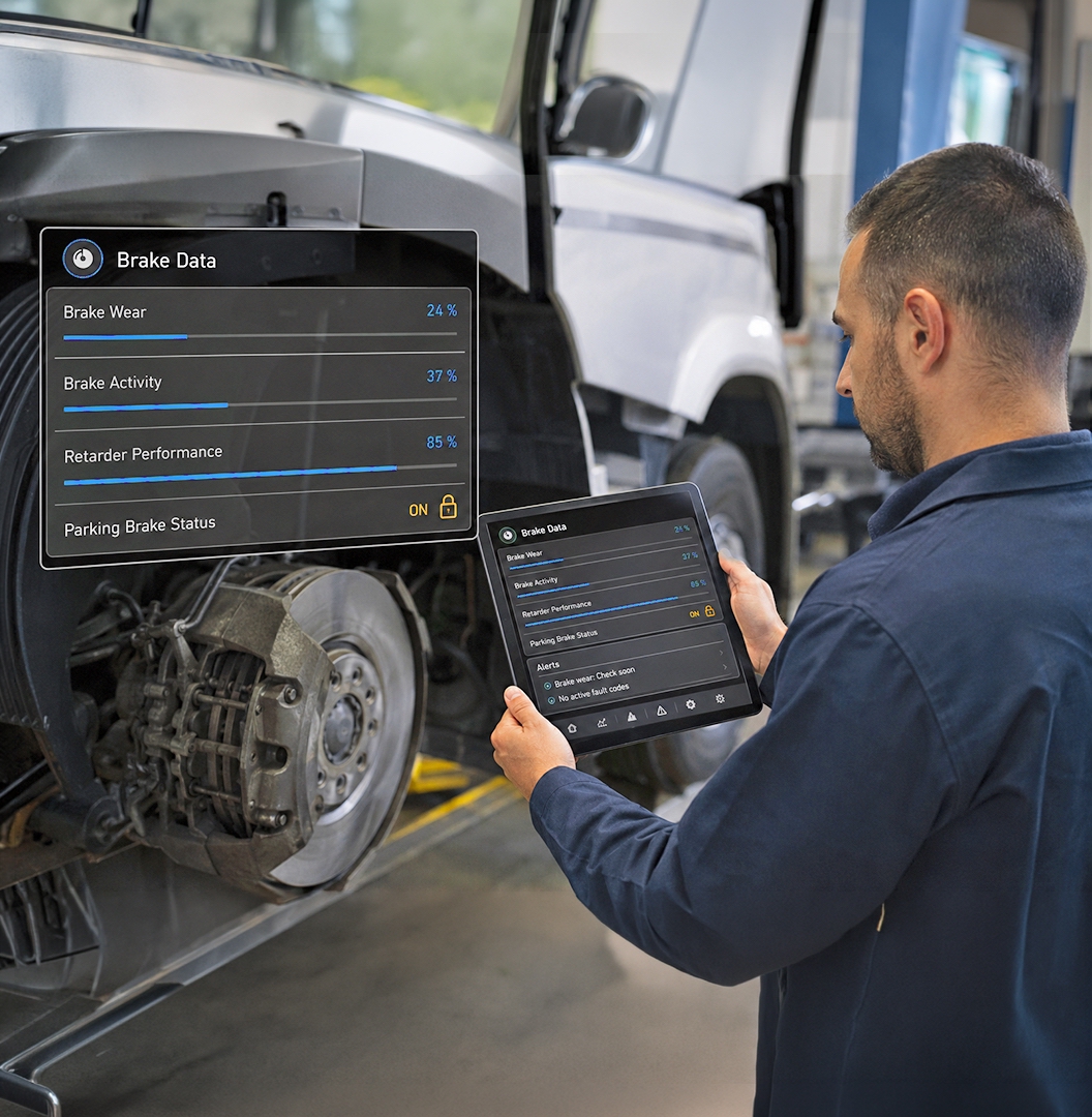 Brake Datasets Truck brake system with real-time brake wear, brake activity, retarder performance and parking brake status displayed on a digital maintenance interface.
