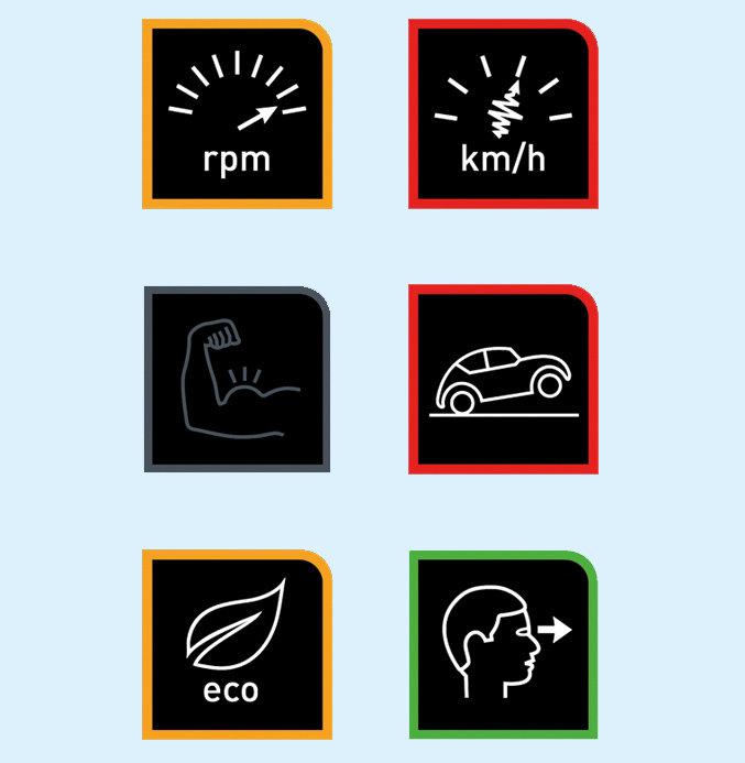 Six automotive driving mode icons representing RPM, speed, performance, terrain, eco driving, and voice control.