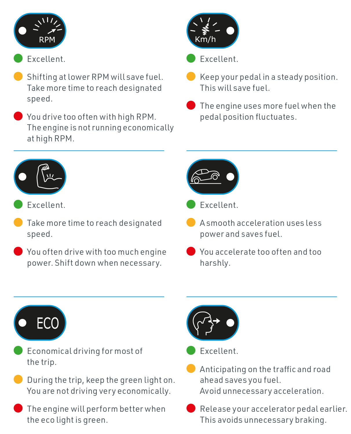 DAP lights functionality Eco-driving feedback guide showing six dashboard indicators for RPM, speed, engine power, acceleration, ECO driving, and anticipation, with green, amber, and red advice for fuel-efficient driving.