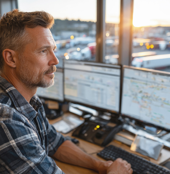 Logistics operator monitoring multiple computer screens in a transport control room overlooking a truck yard at sunset.