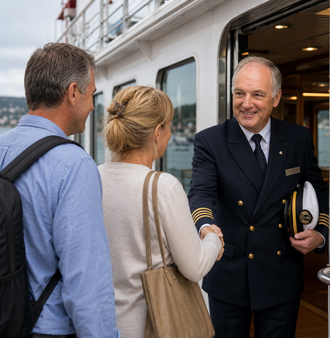 Warm Welcome Aboard by the Ship’s Captain Passengers boarding a ship are warmly welcomed by the captain, who shakes hands with a female passenger at the entrance.