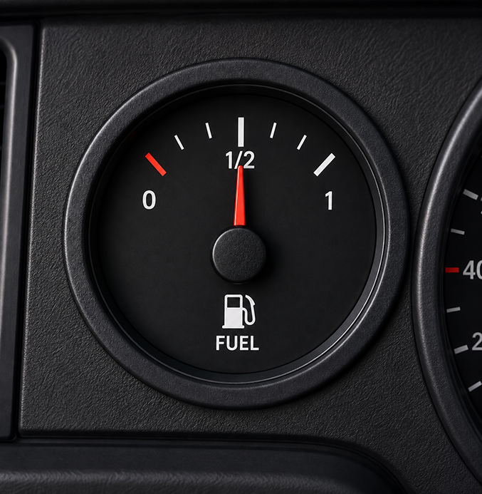 Fuel gauge on a car dashboard showing the fuel tank at approximately half full.