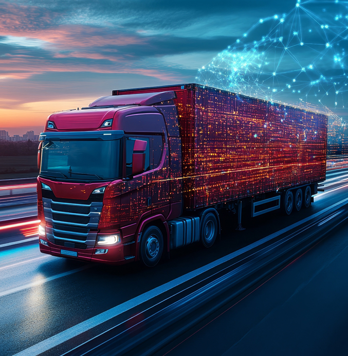 Connected Smart Truck with Real-Time Fleet Telematics Connected smart truck driving on a highway with digital network visualization representing real-time fleet connectivity and telematics.