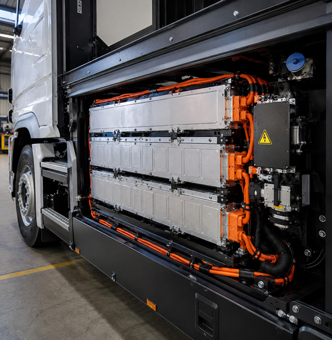 High-voltage lithium-ion battery pack installed in the side compartment of an electric commercial truck, showing battery modules, orange power cables, and electrical components.