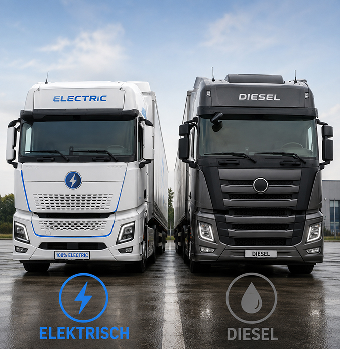 Electric vs Diesel Truck Comparison Electric truck and diesel truck parked side by side, comparing zero-emission electric transport with traditional diesel-powered freight vehicles.