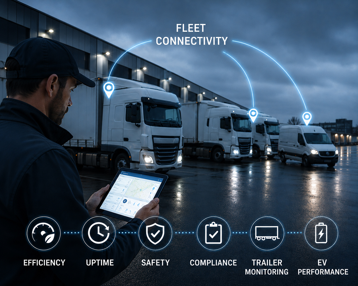 Fleet manager using a tablet to monitor connected trucks and vans, highlighting efficiency, uptime, safety, compliance, trailer monitoring, and EV performance.