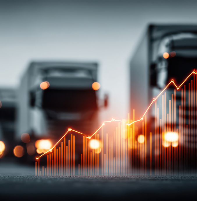 Fleet Performance and Data Analytics in Transport Commercial trucks in the background with an upward-trending orange line graph and bar chart representing fleet performance and transport data analytics.