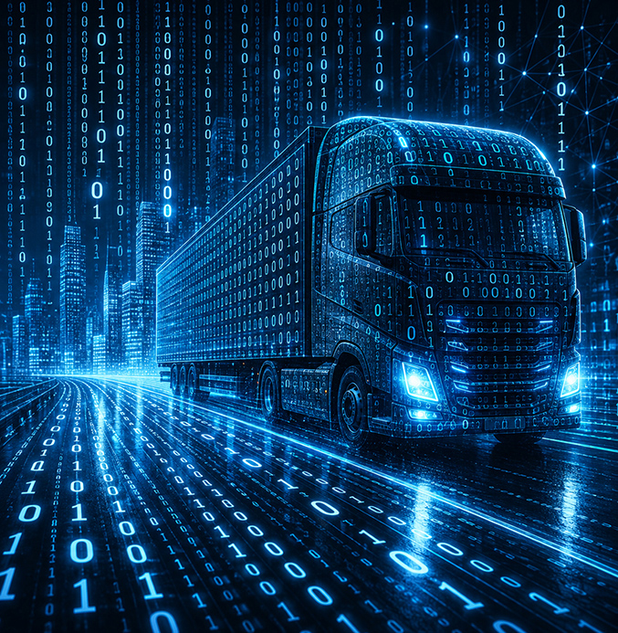 Futuristic Truck in a Digital World Futuristic semi-truck driving through a digital city at night, surrounded by glowing blue binary code and network connections.