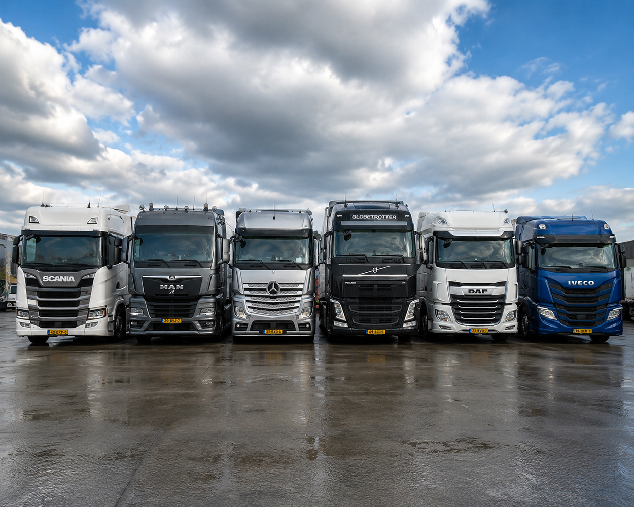 Modern European Semi-Trucks Lined Up at Truck Yard Line-up of modern European semi-trucks from Scania, MAN, Mercedes-Benz, Volvo, DAF and Iveco parked side by side on a wet truck yard under a dramatic cloudy sky.