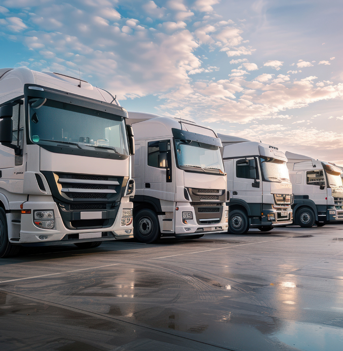 Modern Fleet of White Semi-Trucks in a Logistics Yard White semi-trucks parked in a logistics yard under a partly cloudy sky at sunrise.