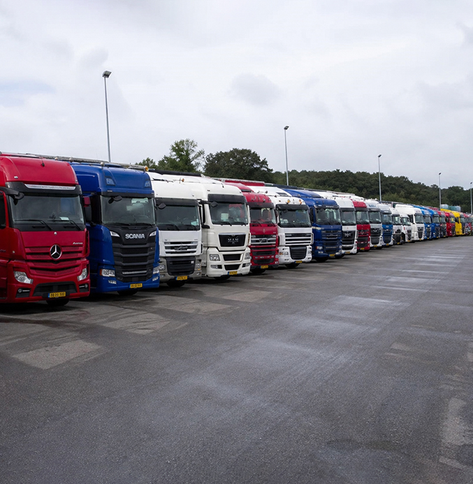 Parking Area with Parked Semi-Trucks Truck parking lot with dozens of parked semi-trucks lined up in multiple rows under an overcast sky.