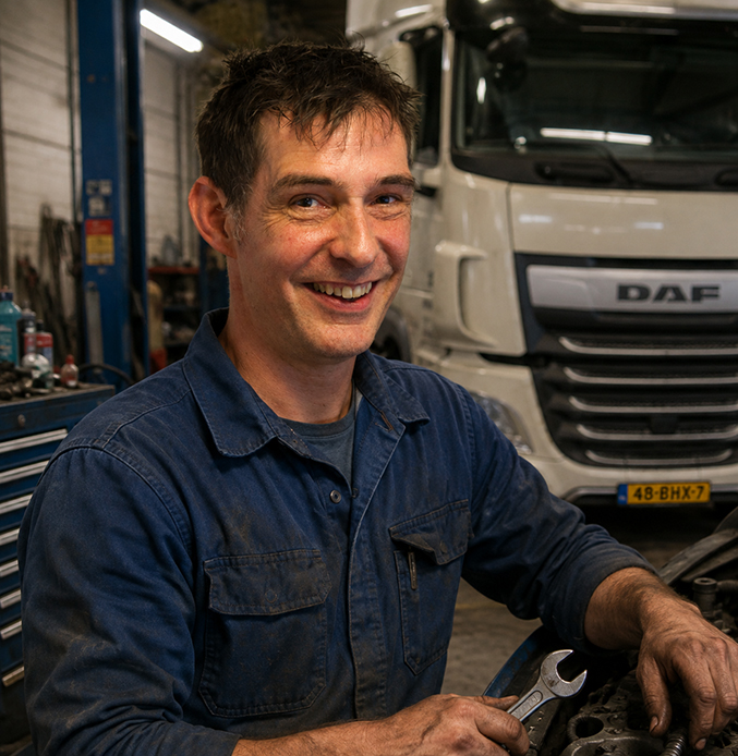 Smiling Mechanic in Truck Garage Smiling mechanic in a blue work coverall standing in a garage, with a white truck in the background.