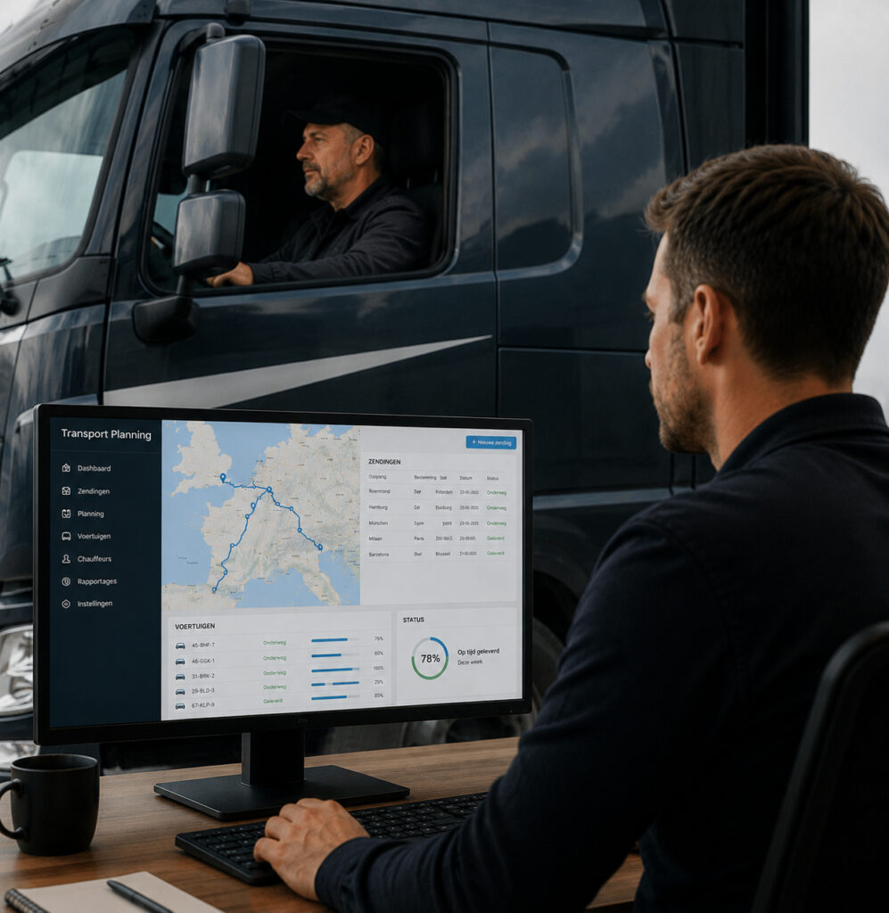 Transport Planning Software for Fleet Management Transport planner monitoring truck fleet routes and delivery status on logistics management software while a truck driver sits in the cab.