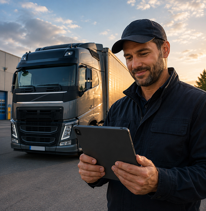 Truck Driver Managing Fleet Operations with a Digital Tablet Truck driver using a digital tablet beside a parked semi-truck at a logistics facility during sunset.