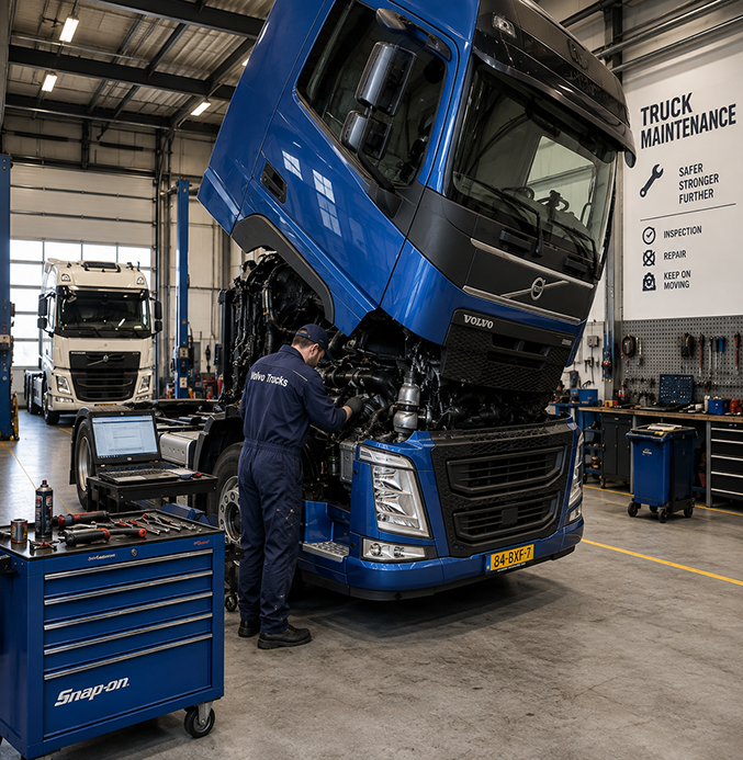Truck technician performing engine maintenance on a blue Volvo FH truck in a professional service workshop.